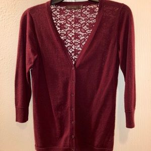The Limited Lace Back Cardigan, Maroon.  Small